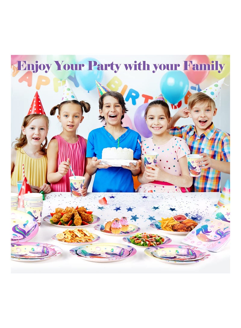 92PCS Little Mermaid Themed Kids Birthday Party Kit, Kids Birthday Party Supplies  9" Dinner Plates, 7" Dessert Plates, 9 oz Paper Cups and Disposable Napkins Tableware Sets Serves 24 Guests