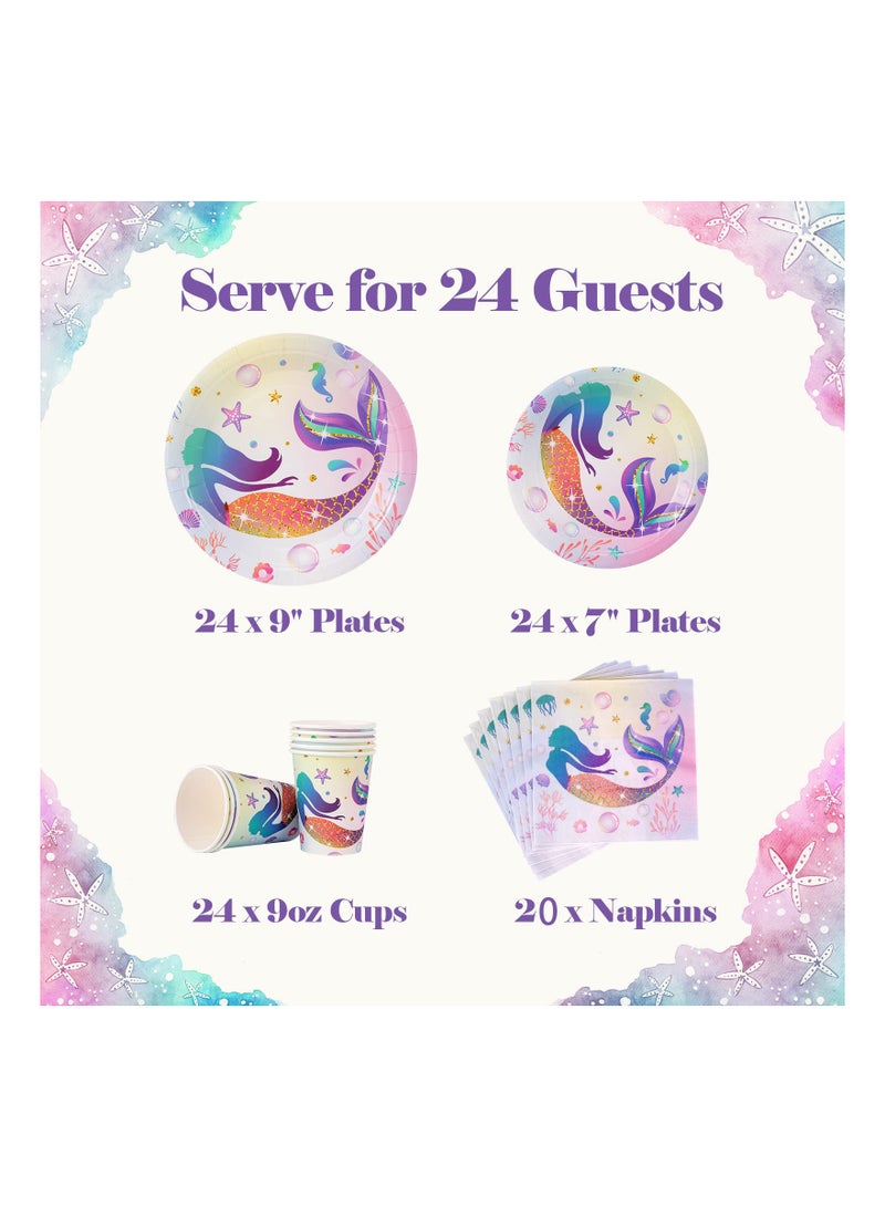 92PCS Little Mermaid Themed Kids Birthday Party Kit, Kids Birthday Party Supplies  9" Dinner Plates, 7" Dessert Plates, 9 oz Paper Cups and Disposable Napkins Tableware Sets Serves 24 Guests