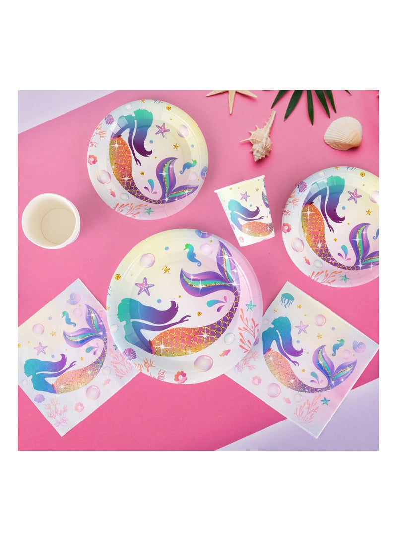 92PCS Little Mermaid Themed Kids Birthday Party Kit, Kids Birthday Party Supplies  9" Dinner Plates, 7" Dessert Plates, 9 oz Paper Cups and Disposable Napkins Tableware Sets Serves 24 Guests