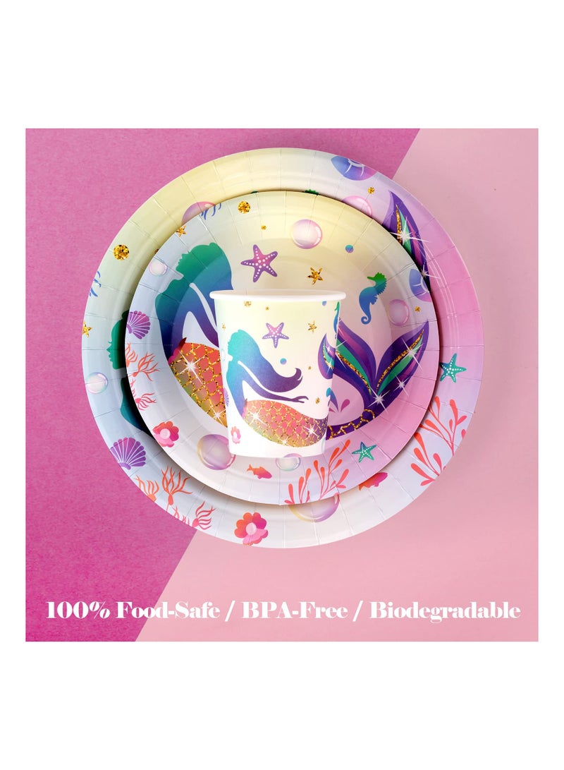 92PCS Little Mermaid Themed Kids Birthday Party Kit, Kids Birthday Party Supplies  9" Dinner Plates, 7" Dessert Plates, 9 oz Paper Cups and Disposable Napkins Tableware Sets Serves 24 Guests