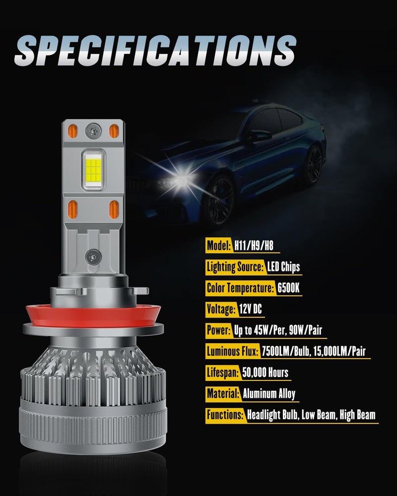 DZG H8 H9 H11 LED Headlight Bulbs 6500K 45W Super Bright LED Bulb High Low Beam Halogen Replacement LED Headlights Conversion Kit, 2 Pack - Image 2
