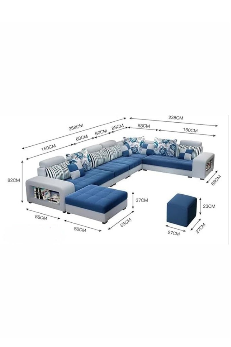 KARNAK Luxury U-Shape Velvet Fabric Modular Sofa Set with Ottoman & Stools – 6 to 8 Seater, Blue & White, Premium Cushions & Sturdy Wooden Frame – Modern Living Room Furniture - Image 2