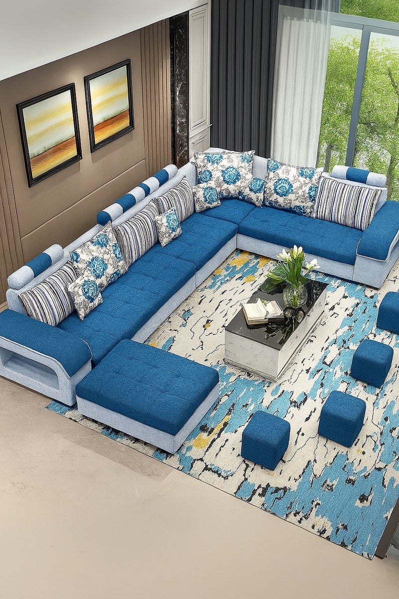 KARNAK Luxury U-Shape Velvet Fabric Modular Sofa Set with Ottoman & Stools – 6 to 8 Seater, Blue & White, Premium Cushions & Sturdy Wooden Frame – Modern Living Room Furniture - Image 1
