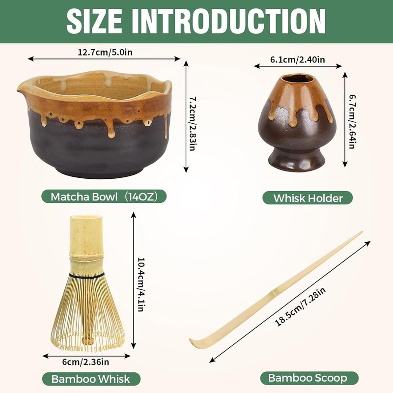 Roperu Pottery Matcha Set - Japanese Handcrafted Matcha Tea Bowl Mineral Glaze Bowl with Spout, Bamboo Whisk, Scoop & Chasen Holder | 4pc Tea Ceremony Kit for Matcha Lovers (Coffee Sand) - Image 5