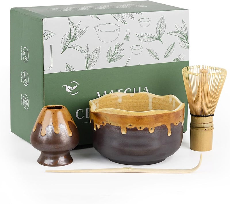 Roperu Pottery Matcha Set - Japanese Handcrafted Matcha Tea Bowl Mineral Glaze Bowl with Spout, Bamboo Whisk, Scoop & Chasen Holder | 4pc Tea Ceremony Kit for Matcha Lovers (Coffee Sand) - Image 1