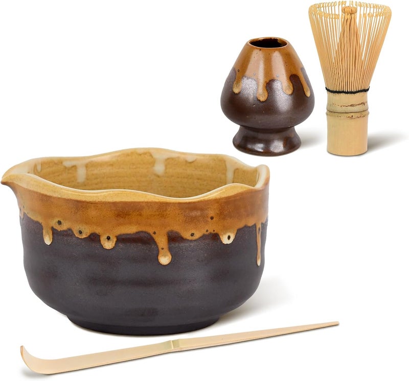 Roperu Pottery Matcha Set - Japanese Handcrafted Matcha Tea Bowl Mineral Glaze Bowl with Spout, Bamboo Whisk, Scoop & Chasen Holder | 4pc Tea Ceremony Kit for Matcha Lovers (Coffee Sand) - Image 2