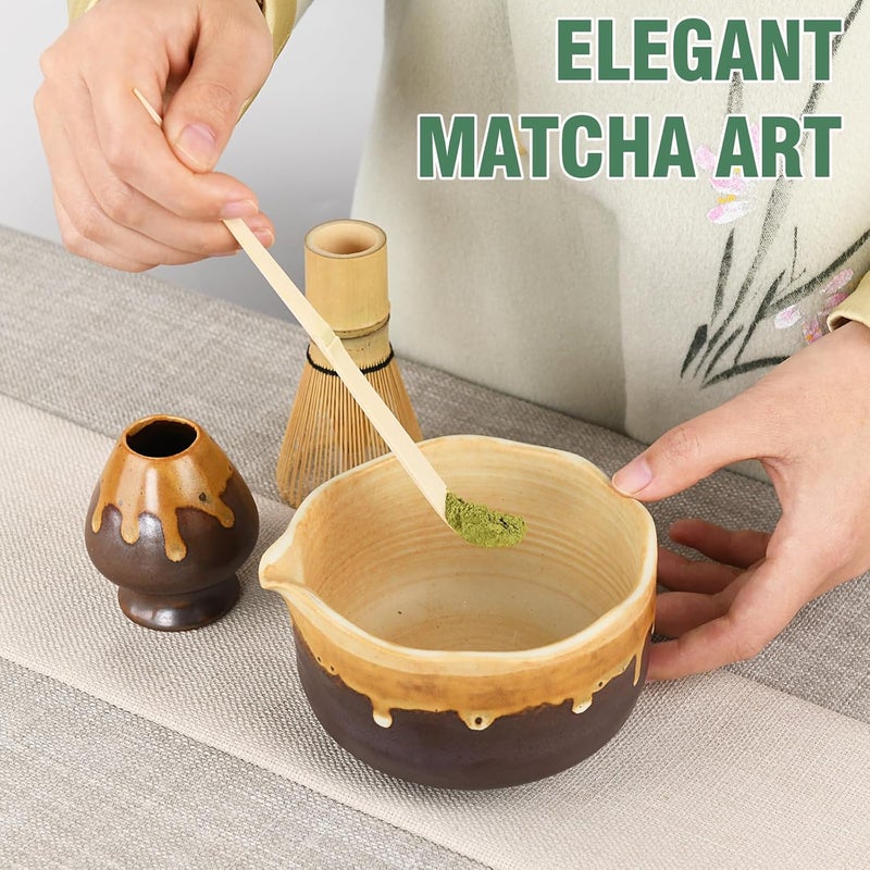 Roperu Pottery Matcha Set - Japanese Handcrafted Matcha Tea Bowl Mineral Glaze Bowl with Spout, Bamboo Whisk, Scoop & Chasen Holder | 4pc Tea Ceremony Kit for Matcha Lovers (Coffee Sand) - Image 3