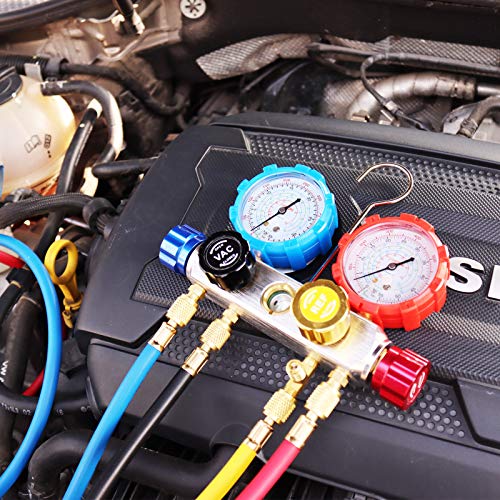 JIFETOR 4 Way AC Manifold Gauge Set, HVAC Diagnostic Refrigerant Charging Tool for Auto Household R404A R134A R410A, with 5FT Hose, Adjustable Quick Coupler, Adjustable Can Tap, R410A Adapters - Image 2