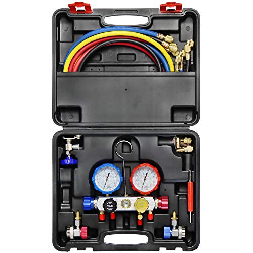 JIFETOR 4 Way AC Manifold Gauge Set, HVAC Diagnostic Refrigerant Charging Tool for Auto Household R404A R134A R410A, with 5FT Hose, Adjustable Quick Coupler, Adjustable Can Tap, R410A Adapters - Image 1