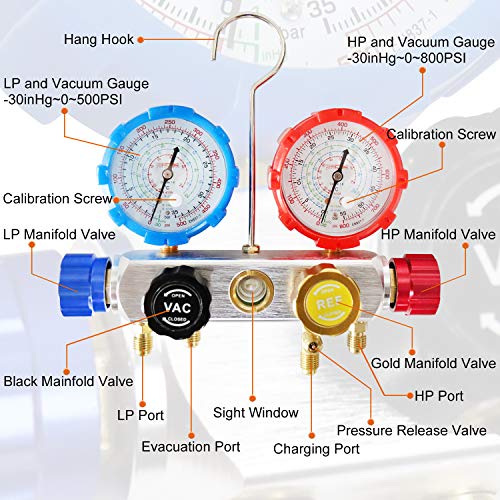 JIFETOR 4 Way AC Manifold Gauge Set, HVAC Diagnostic Refrigerant Charging Tool for Auto Household R404A R134A R410A, with 5FT Hose, Adjustable Quick Coupler, Adjustable Can Tap, R410A Adapters - Image 4