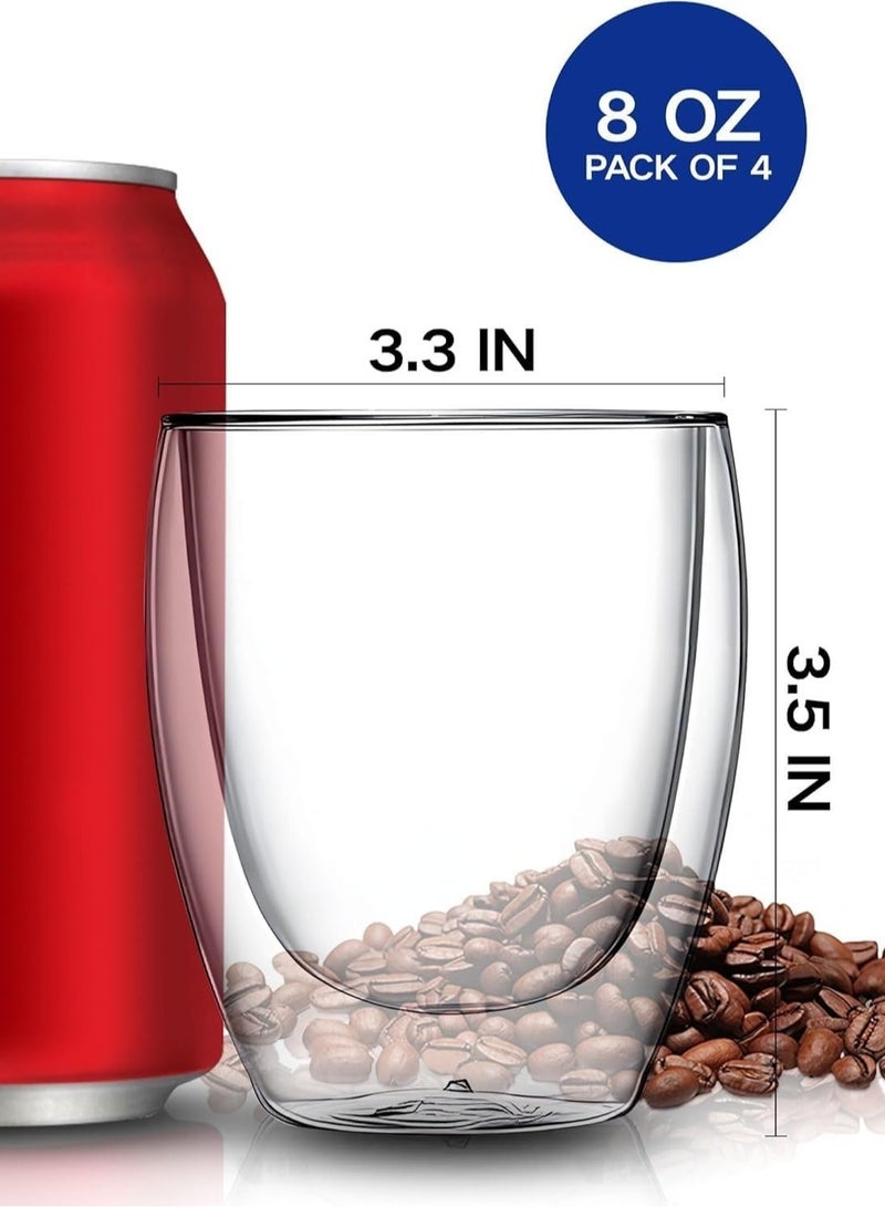 ليموس أكواب قهوة ليموس الزجاجية مزدوجة الجدار سعة ٢٥٠ مل - مجموعة من ٤ أكواب معزولة من البورسليكات للمشروبات الساخنة والباردة | لاتيه، كابتشينو، إسبريسو، شاي، عصير، ماء - أكواب زجاجية شفافة للمنزل والمكتب - Image 3
