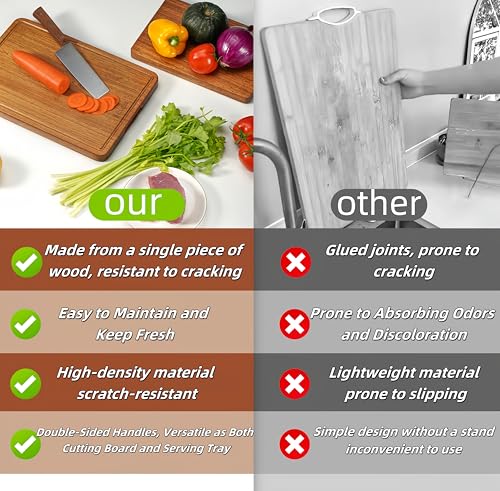 Relxinke Solid Teak Wood Cutting Board One Piece Non Glued Thick Crack Resistant Wooden Chopping Board with DeepJuice Grooves Built in Handles for Kitchen Meat Vegetables Chese 13 X 8.7 Inch - Image 4