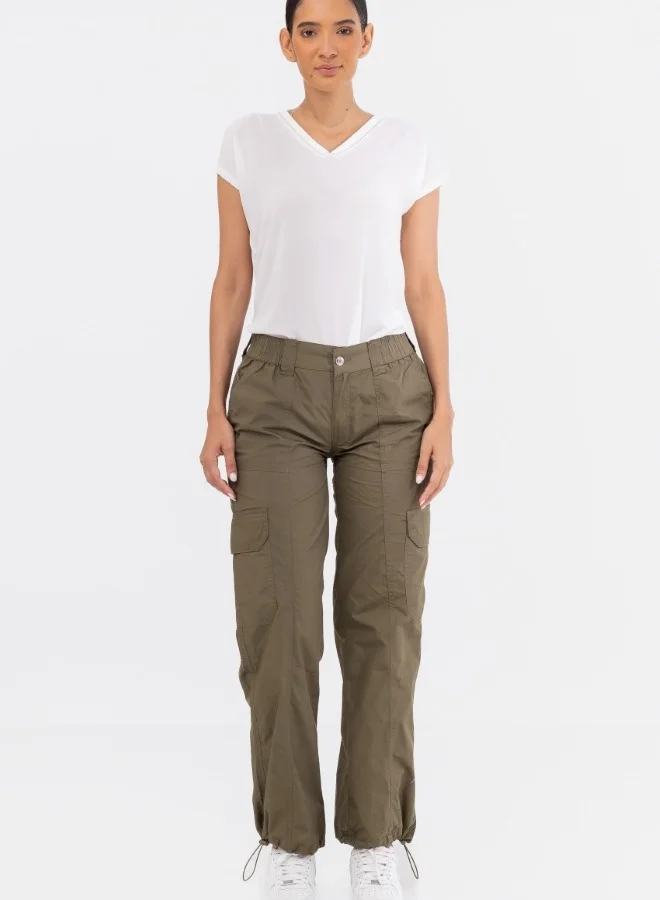 HaILYS Utility Cargo Pants with Elastic Waist and Drawstring Hem - Olive Green