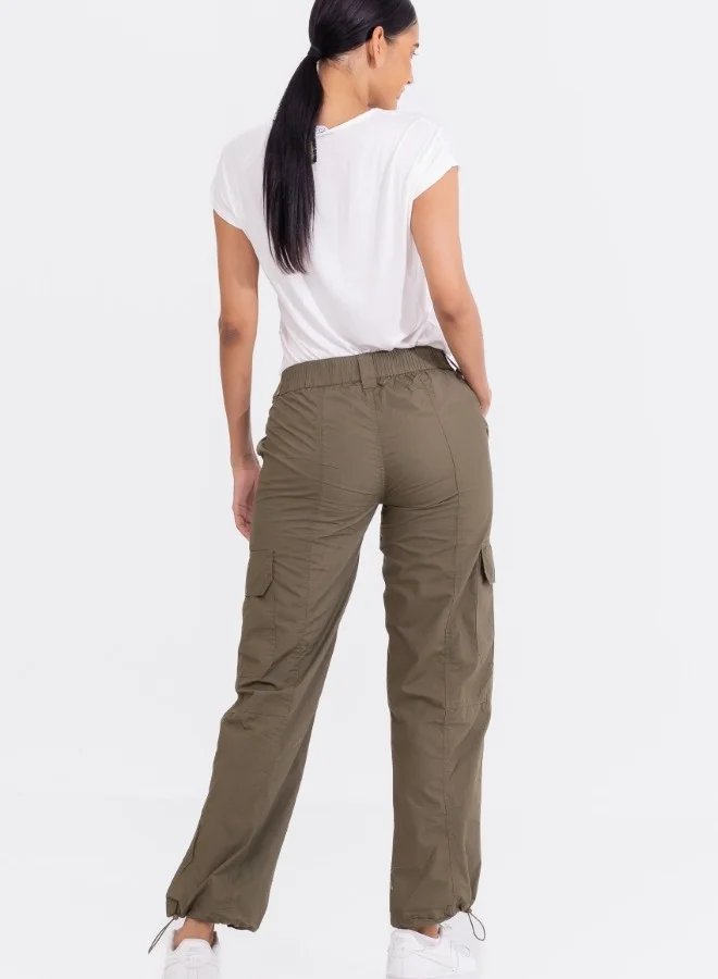 HaILYS Utility Cargo Pants with Elastic Waist and Drawstring Hem - Olive Green