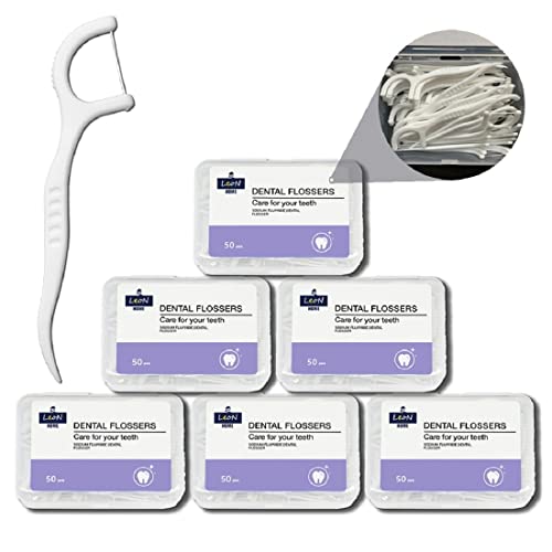 LeoN Home Unwaxed Dental Floss Picks 300 PCS w/Travel Carry Case, Plastic Deep Clean Flosser for Your Daily Oral Care, Unflavored Durable Flossing with Toothpick (50 Count/Box, Pack of 6) - Image 1