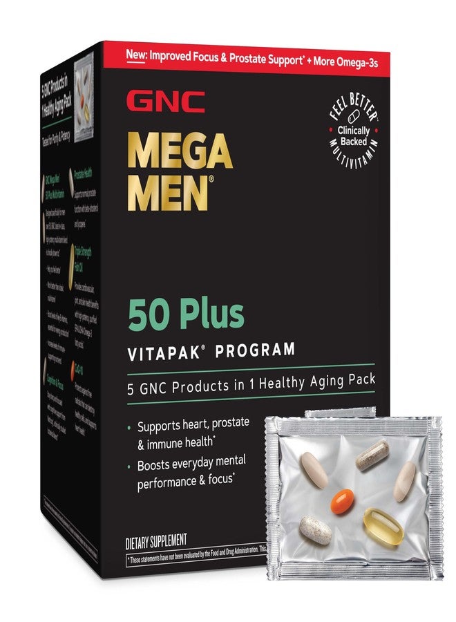 GNC Mega Men 50 Plus Vitapak Program, Convenient Complete Nutrition, 5 Products in 1 Vitamin Pack, Multivitamin, Fish Oil, Mental Sharpness, Ginkgo, Prostate Health, 30 Packets, 30 Day Supply - Image 1
