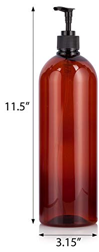JUVITUS 32 oz Amber Boston Round PET Bottles with Black Lotion Pump 6 pack Labels - Image 3