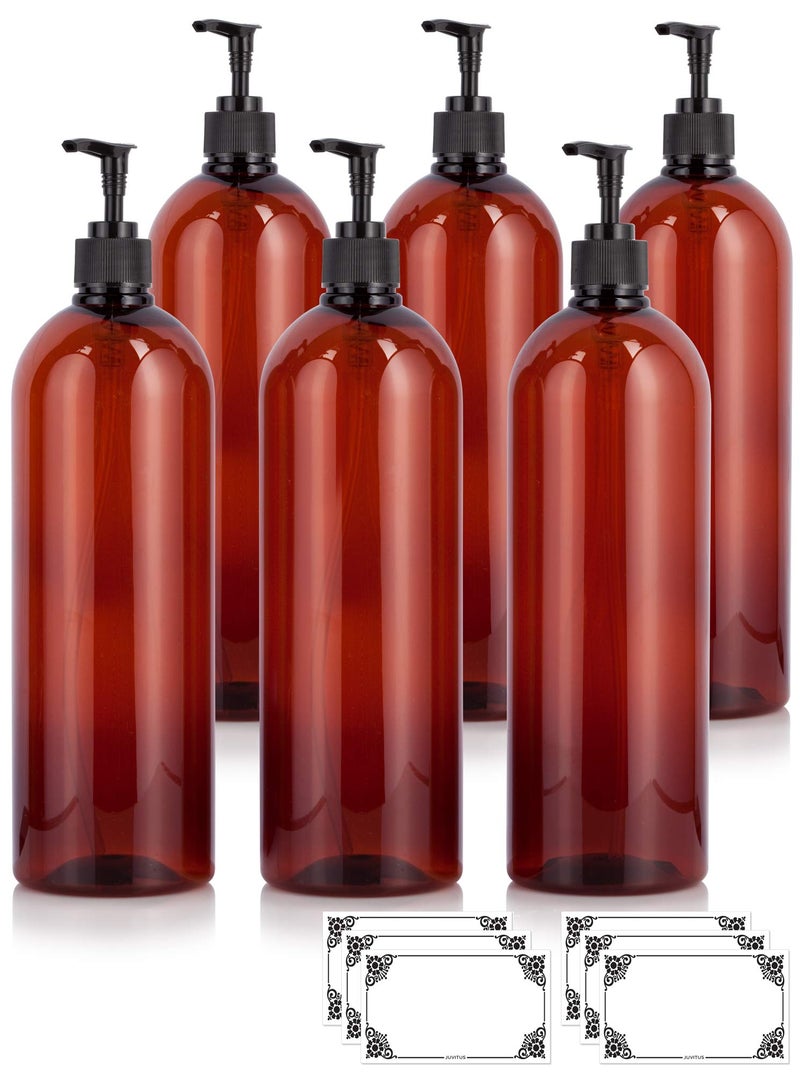 JUVITUS 32 oz Amber Boston Round PET Bottles with Black Lotion Pump 6 pack Labels - Image 2
