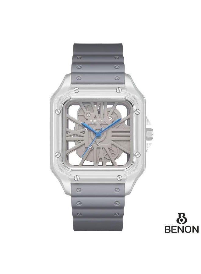 بينون ساعة بينون (Benon) بتصميم هيكلي شفاف وميناء رمادي، تتميز بسوار مطاطي رمادي فاخر ومقاوم. - Image 2