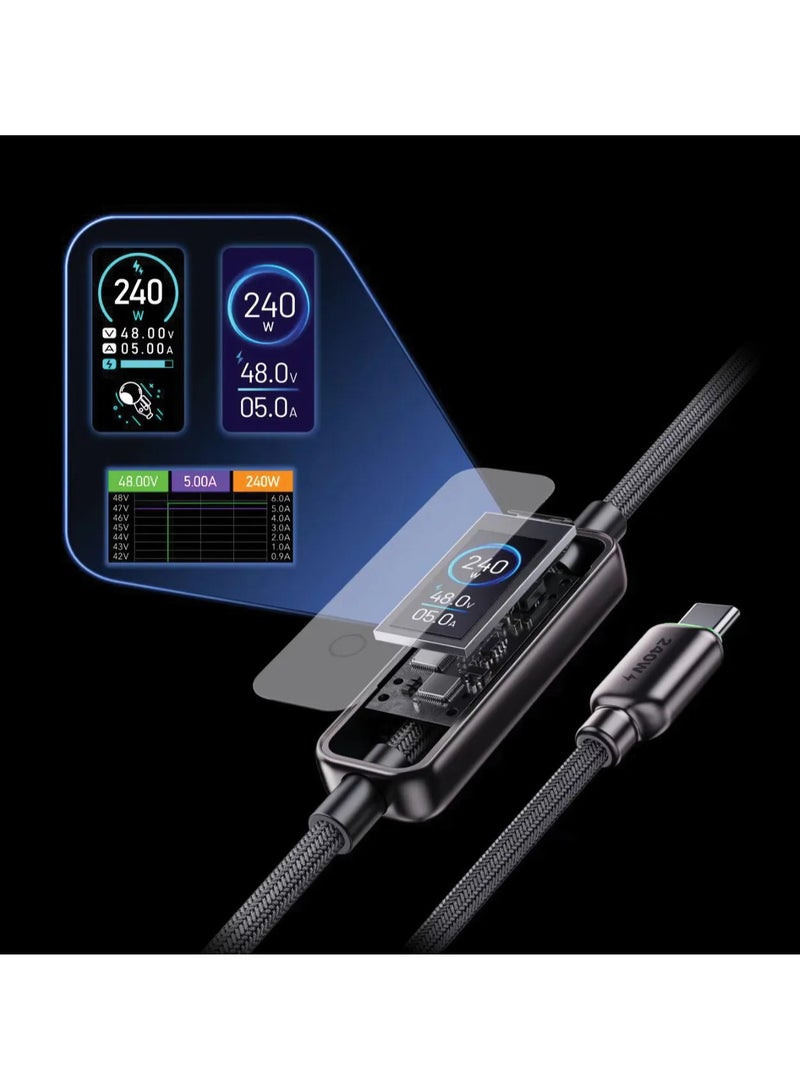 Powerology 240W USB-C TO USB-C Cable with TFT Display / PD 3.1 Laptop Fast Charger Cable 1.2m / Advanced E-Marker Chip / Durable Zink Alloy Shell - Black - Image 2