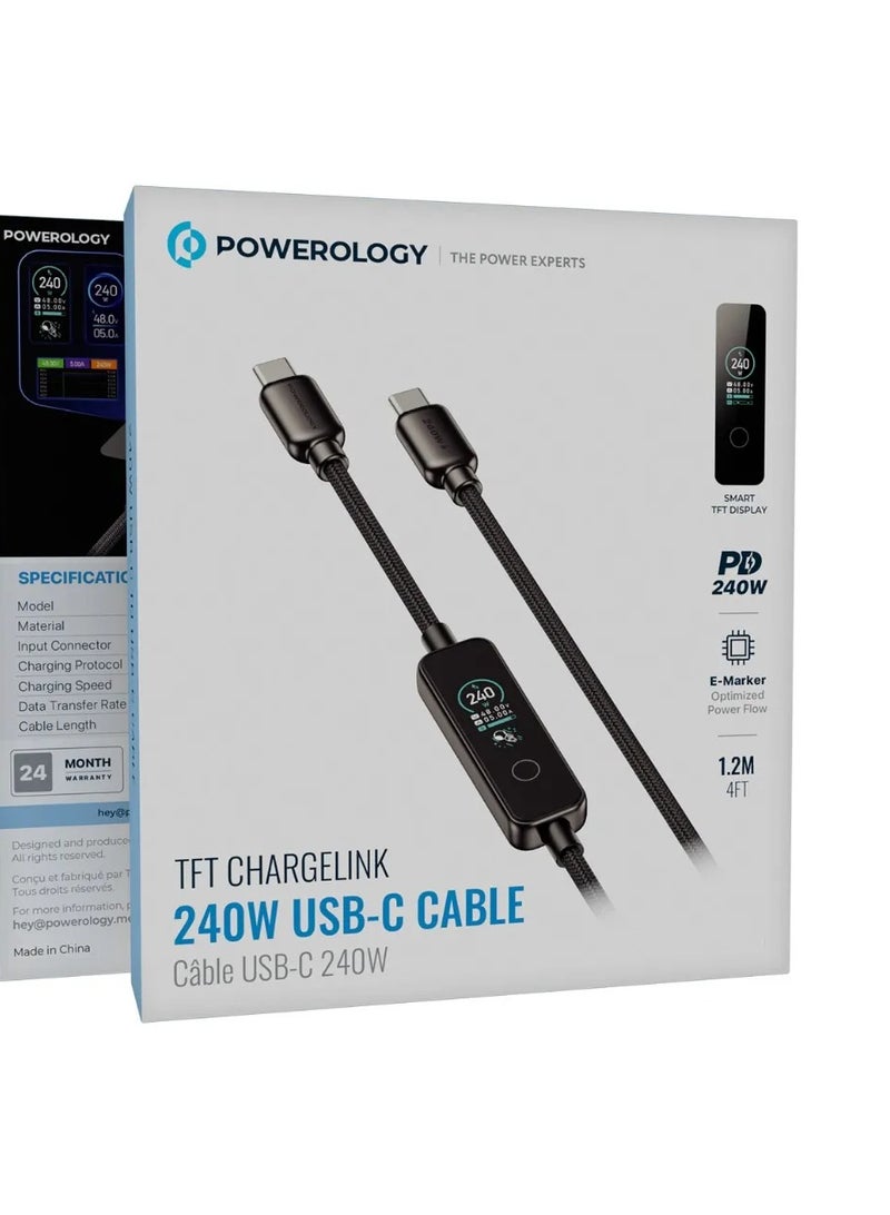 Powerology 240W USB-C TO USB-C Cable with TFT Display / PD 3.1 Laptop Fast Charger Cable 1.2m / Advanced E-Marker Chip / Durable Zink Alloy Shell - Black - Image 3