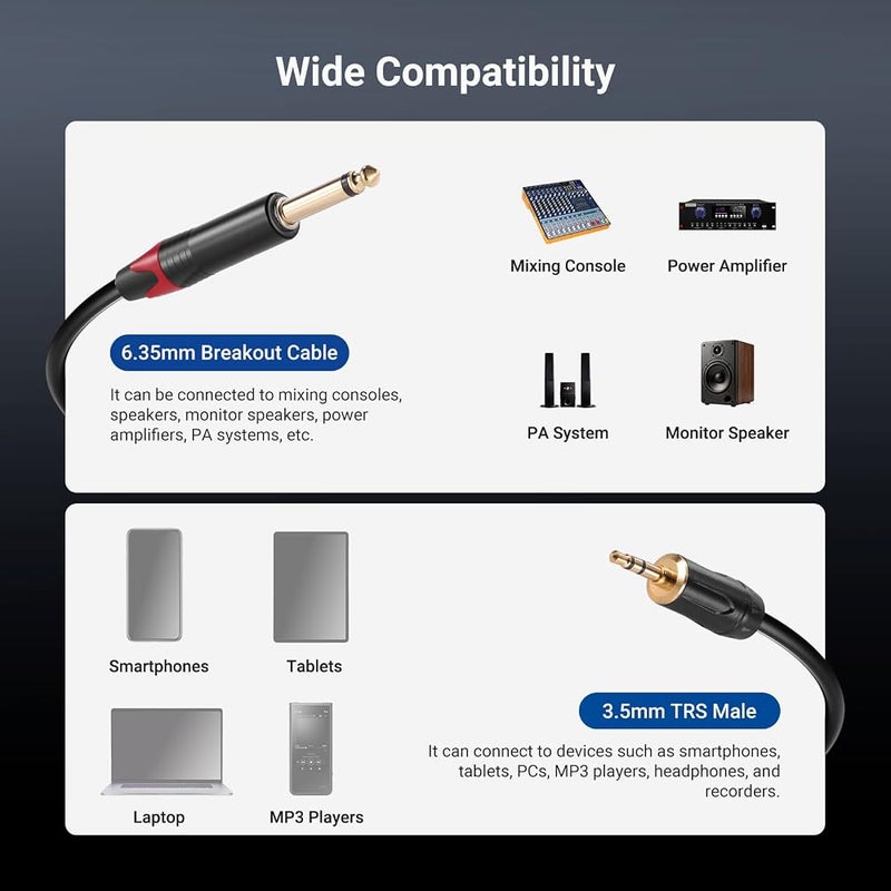 NEEWER 3.5mm 1/8 TRS to 1/4 Dual 6.35mm TS Breakout Cable, 6 ft Male to Male Stereo Audio Splitter Cord Adapter for Phone Tablet Laptop Computer Mixer Speaker Studio Monitor PA System, MS027 - Image 3