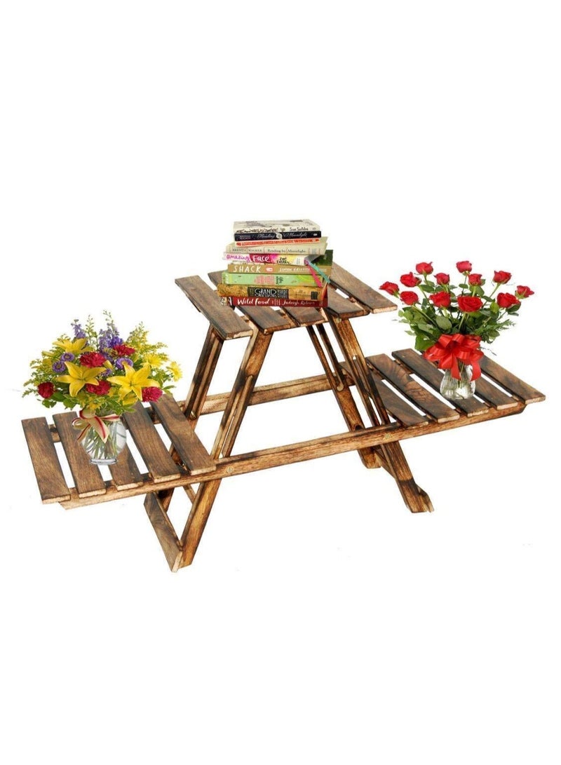 DubaiGallery Wooden Plant Stand with 3 Desks/Living Room Side Stand/Wooden Stool/Garden Table/Vase Stand for Garden and Outdoors, Brown - Image 4
