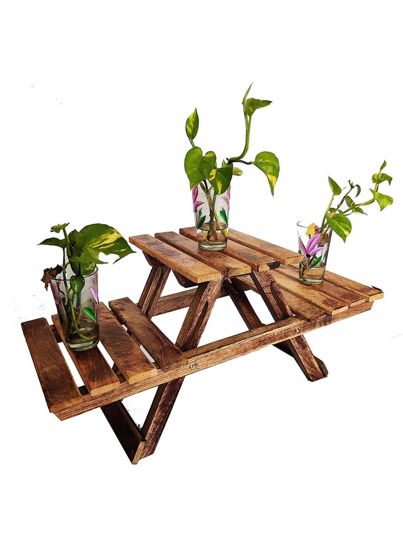 DubaiGallery Wooden Plant Stand with 3 Desks/Living Room Side Stand/Wooden Stool/Garden Table/Vase Stand for Garden and Outdoors, Brown - Image 3