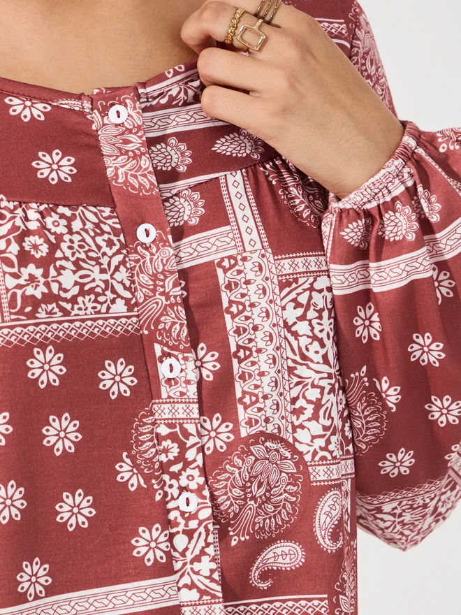 Aria Romance ARIA ROMANCE Patchwork Print Relaxed Fit Top