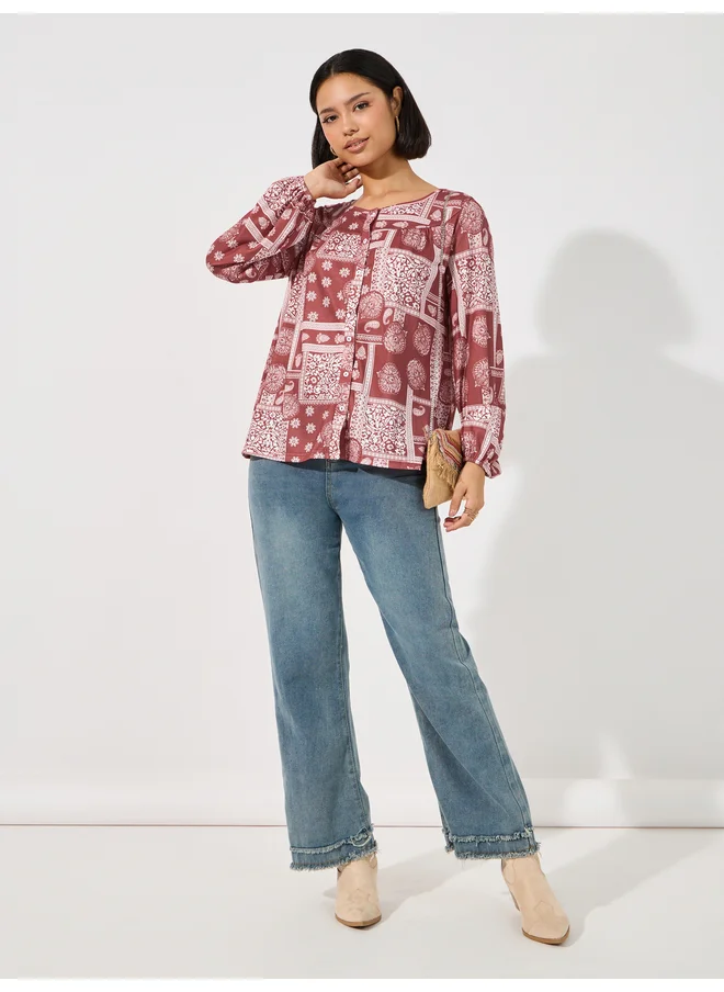 Aria Romance ARIA ROMANCE Patchwork Print Relaxed Fit Top