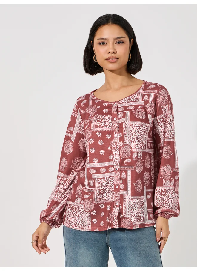 Aria Romance ARIA ROMANCE Patchwork Print Relaxed Fit Top