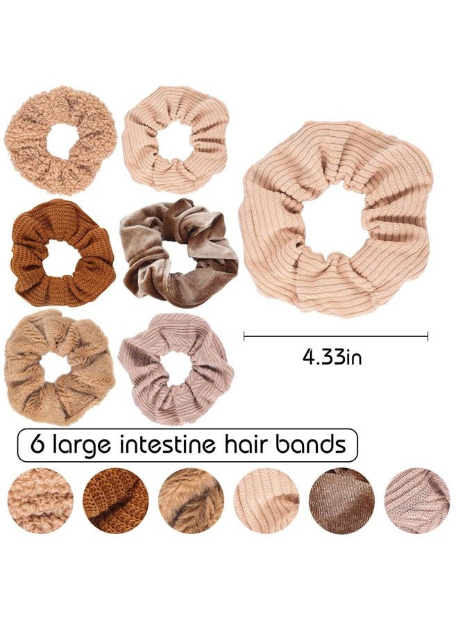 TUCEWP Scrunchies for Women's Hair 6Pcs Large Brown Knit Fuzzy Scrunchies for Long Thick Curly Hair Ultra Textured Soft Hair Bands Neutral Scrunchie Cute Ponytail Holders No Damage Elastic Hair Ties - Image 2
