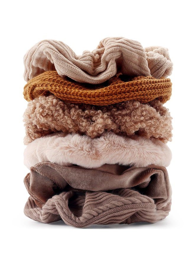 TUCEWP Scrunchies for Women's Hair 6Pcs Large Brown Knit Fuzzy Scrunchies for Long Thick Curly Hair Ultra Textured Soft Hair Bands Neutral Scrunchie Cute Ponytail Holders No Damage Elastic Hair Ties - Image 1