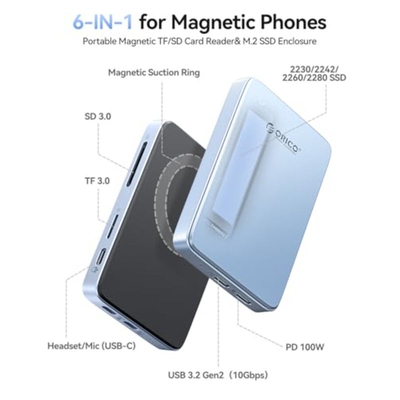 Magnetic M.2 NVMe SSD Enclosure USB 3.2 Gen 2 10 Gbps PD 100 W TF SD Card Reader MagSafe Dock for iPhone 17 16 15 Pro Max Plus 2230 2242 2260 2280 B+M Key Home Office Travel Black AP80F - Image 2
