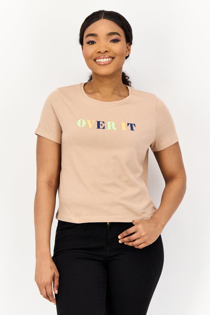 ONLY Women Crew Neck Short Sleeves Graphic Print T-Shirt, Taupe - Image 1