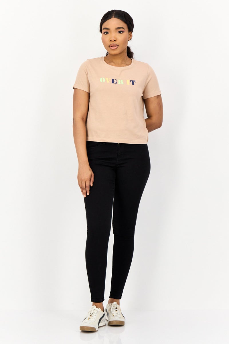 ONLY Women Crew Neck Short Sleeves Graphic Print T-Shirt, Taupe - Image 4
