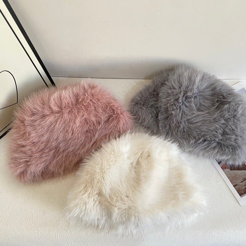 Faux Fur Hat Women Autumn Winter Ear Protection Face Slimming Bucket Hat Faux Fur - Image 2