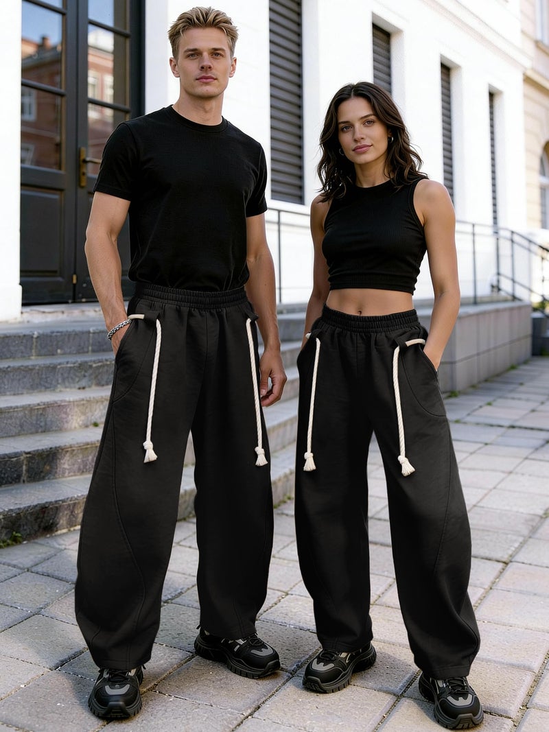 PLEPAN Men's Baggy Sweatpants Wide Leg Barrel Sweat Pants for Women Unisex Oversized Streetwear Slackes with Elastic Waist Black M - Image 5