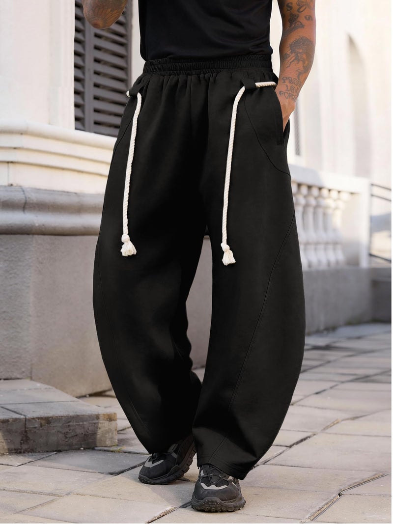 PLEPAN Men's Baggy Sweatpants Wide Leg Barrel Sweat Pants for Women Unisex Oversized Streetwear Slackes with Elastic Waist Black M - Image 3