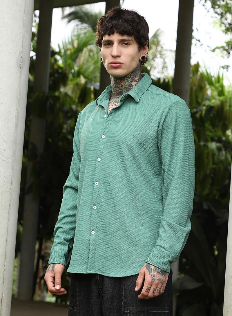 Campus Sutra Campus Sutra Men's Sage Green Weave-Tactile Shirt For Casual Wear | Spread Collar | Long Cuffed Sleeves | Button Closure | Shirt Crafted With Comfort Fit For Everyday Wear