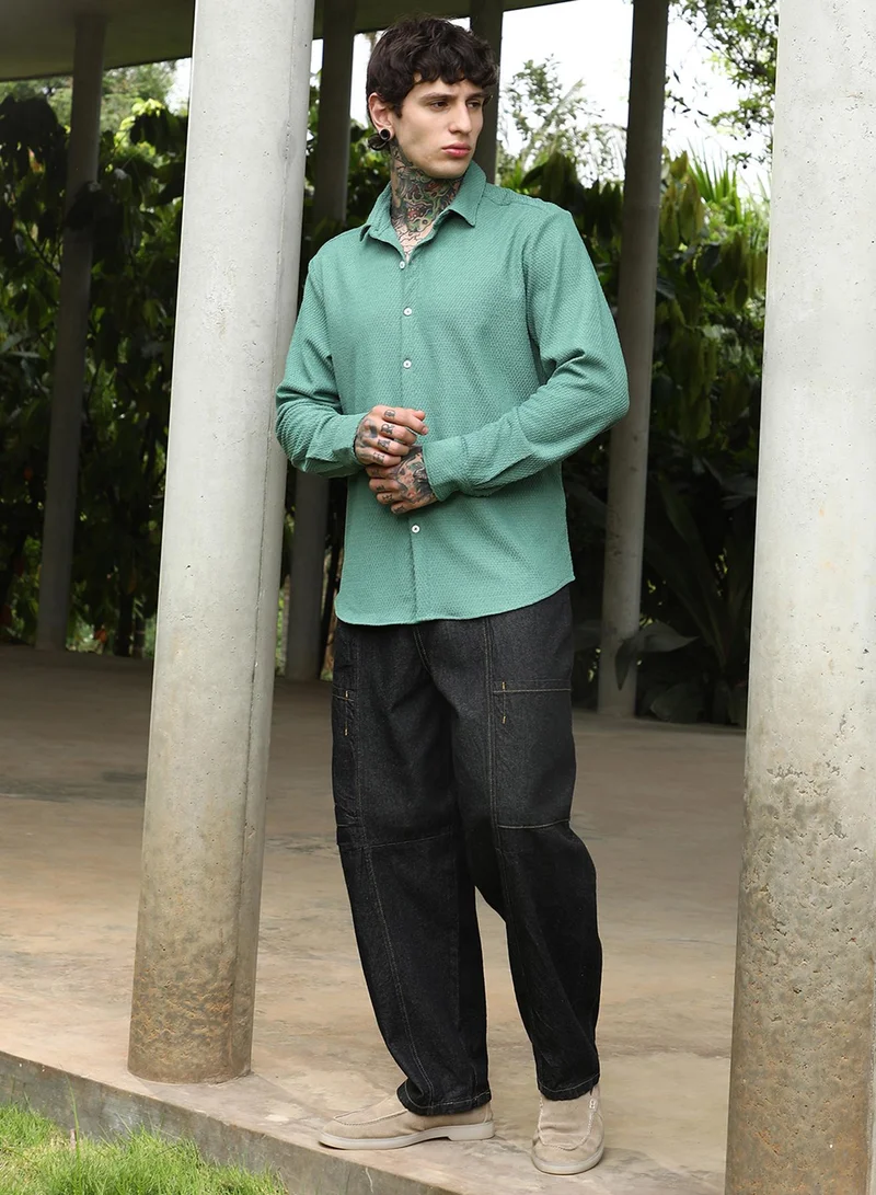 Campus Sutra Campus Sutra Men's Sage Green Weave-Tactile Shirt For Casual Wear | Spread Collar | Long Cuffed Sleeves | Button Closure | Shirt Crafted With Comfort Fit For Everyday Wear