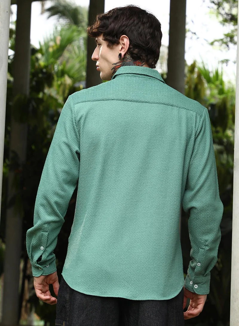 Campus Sutra Campus Sutra Men's Sage Green Weave-Tactile Shirt For Casual Wear | Spread Collar | Long Cuffed Sleeves | Button Closure | Shirt Crafted With Comfort Fit For Everyday Wear