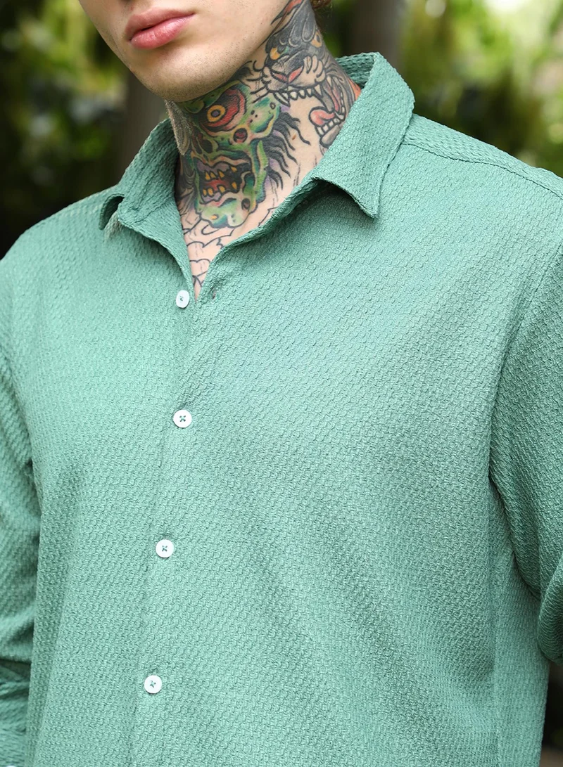 Campus Sutra Campus Sutra Men's Sage Green Weave-Tactile Shirt For Casual Wear | Spread Collar | Long Cuffed Sleeves | Button Closure | Shirt Crafted With Comfort Fit For Everyday Wear