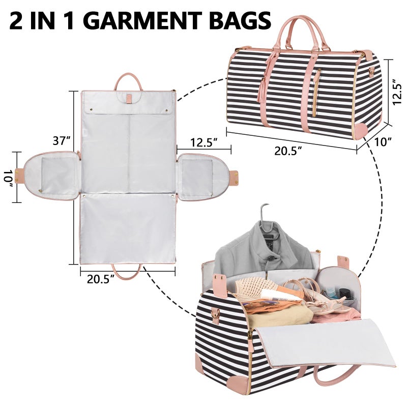Ytonet Carry On Garment Bag, Large Hanging Duffle Bag for Women, PU Leather Waterproof Bags Travel with Shoe Pouch - 2 in 1 Suitcase Suit Bags, Black and White Stripe - Image 2