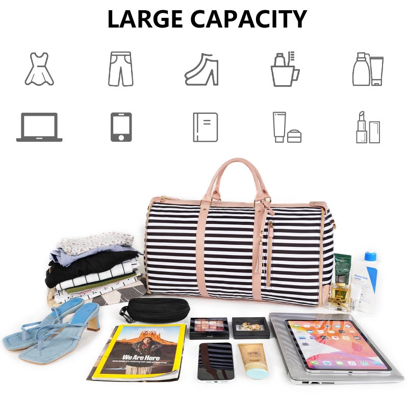 Ytonet Carry On Garment Bag, Large Hanging Duffle Bag for Women, PU Leather Waterproof Bags Travel with Shoe Pouch - 2 in 1 Suitcase Suit Bags, Black and White Stripe - Image 3