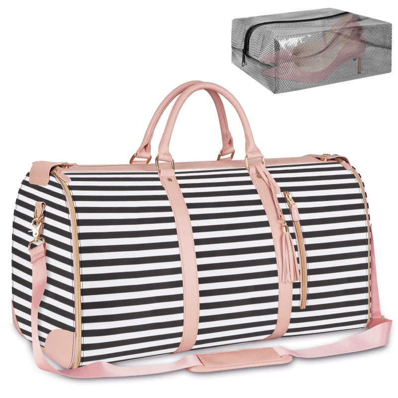 Ytonet Carry On Garment Bag, Large Hanging Duffle Bag for Women, PU Leather Waterproof Bags Travel with Shoe Pouch - 2 in 1 Suitcase Suit Bags, Black and White Stripe - Image 1