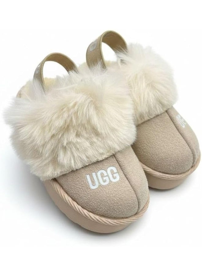 UGG Children’s fur slippers in brown and cream, made of sheepskin with natural fur, featuring an ear design. Slip-resistant, lightweight, suitable for children aged 9–21 months. - Image 1