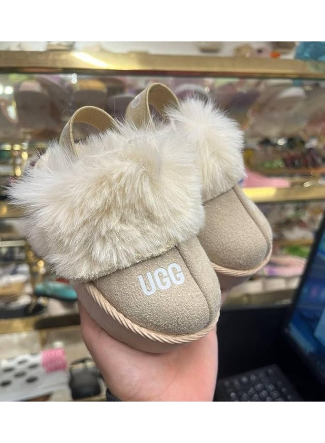 UGG Children’s fur slippers in brown and cream, made of sheepskin with natural fur, featuring an ear design. Slip-resistant, lightweight, suitable for children aged 9–21 months. - Image 3