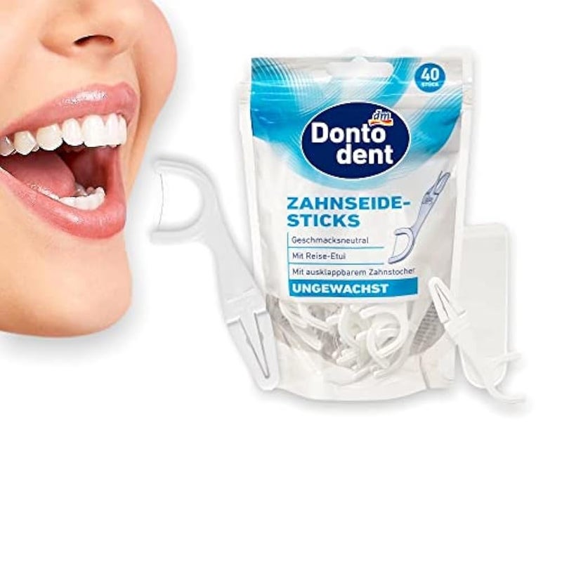 Dontodent Dental Floss Sticks Duo Function: Dental Floss Stick and fold-Out Toothpick ,40 Pieces - Image 1