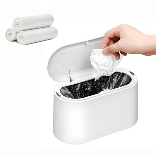 SUBEKYU Mini Trash Can with Lid,Small Desk Trash Can,Countertop Mini Garbage Cans,Tiny Waste Basket,White,with 3 roll Bags - Image 1